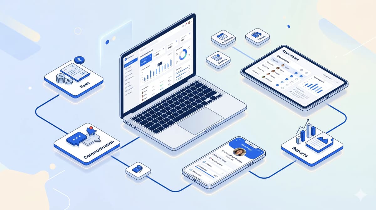 Scholr platform — fees, attendance, communication and reports on laptop, tablet and mobile