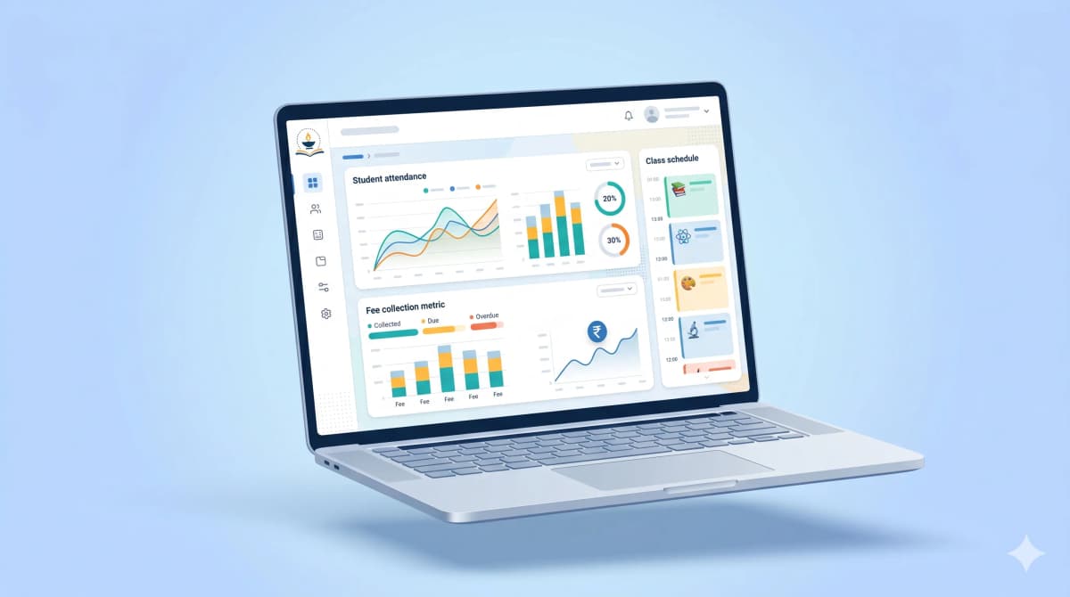 Scholr ERP dashboard showing student attendance, fee collection metrics and result analysis on a laptop